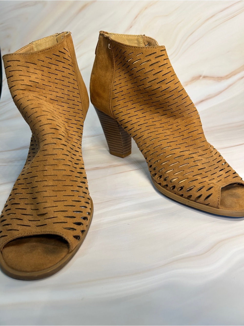 CL by Laundry Heeled Booties Size 10 Open Toe Mesh Cut-out Design Suede-feel